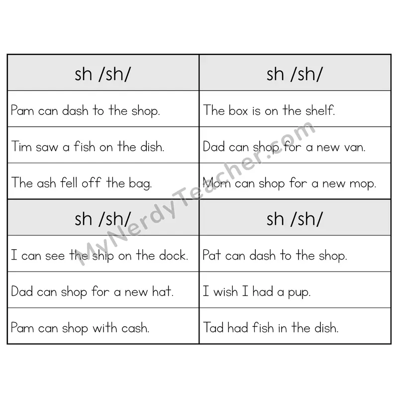 SH Digraph Phonics Flip Book — Sentence Cards — B&W