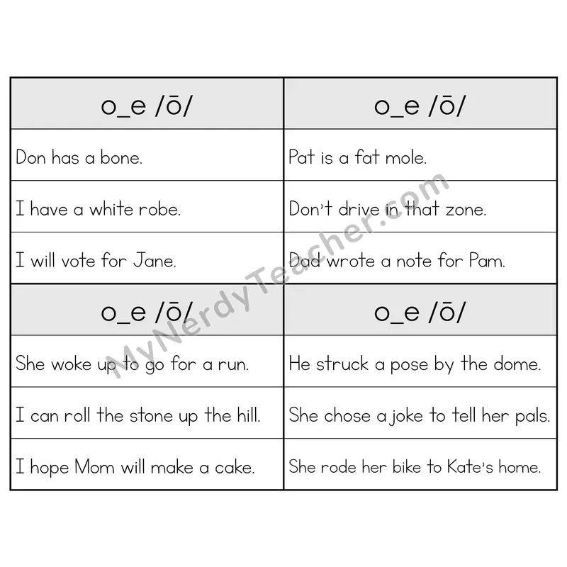 O_E (Long O) VCe Phonics Flip Book — Sentence Cards — B&W