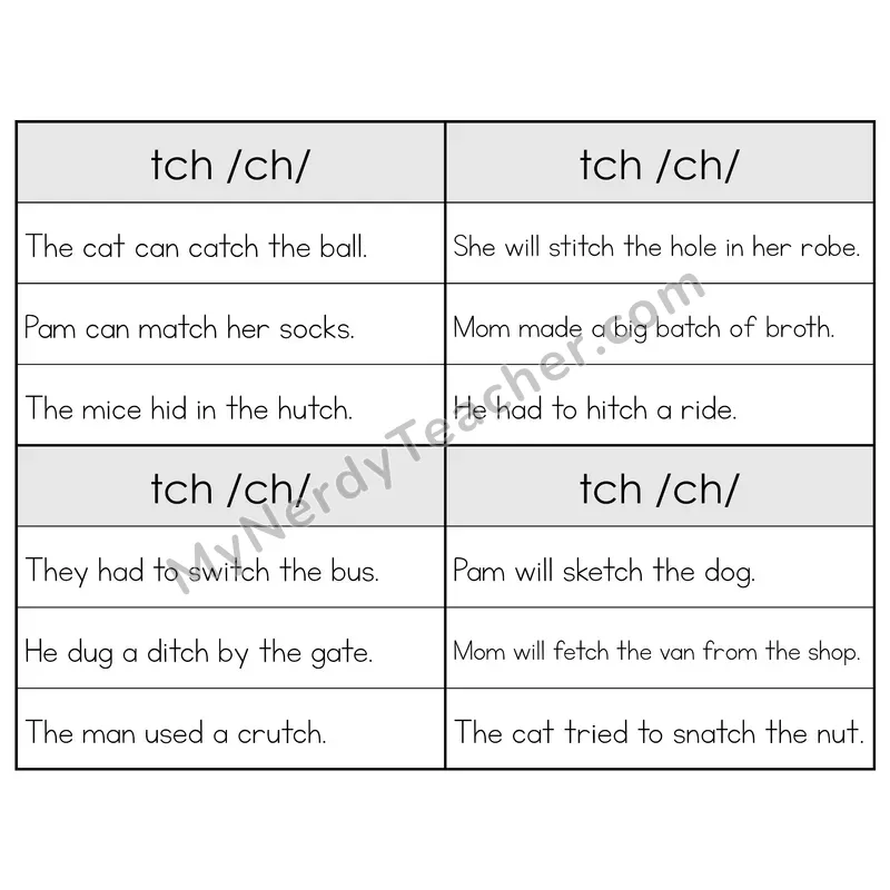 TCH Trigraph Phonics Flip Book — Sentence Cards — B&W