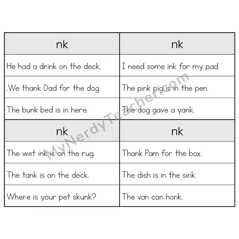 NK Digraph Phonics Flip Book — Sentence Cards — B&W