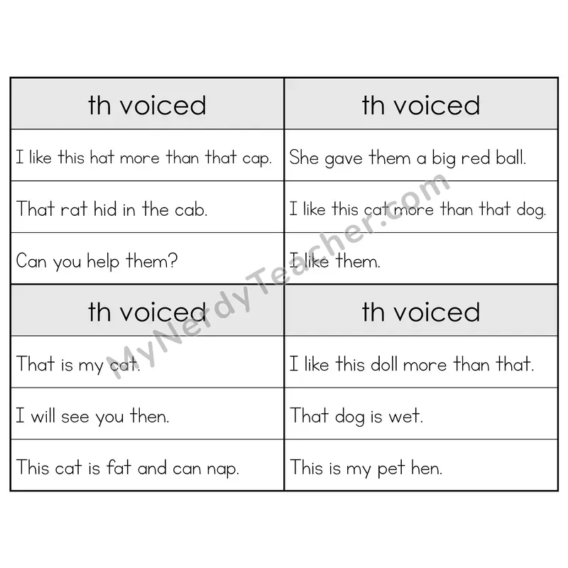 TH (Voiced) Digraph Phonics Flip Book — Sentence Cards — B&W