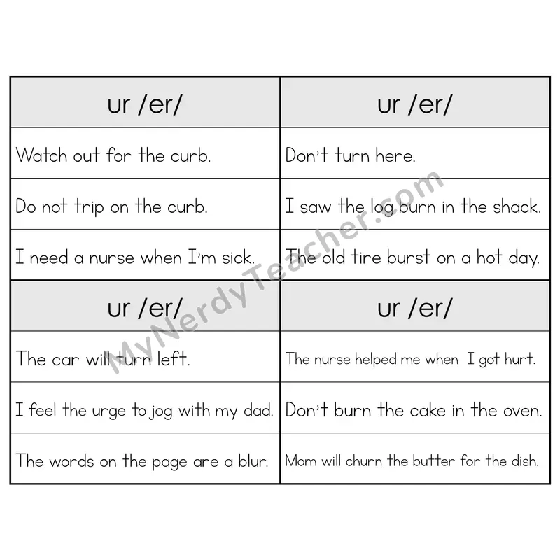 UR R-Controlled Vowel Phonics Flip Book — Sentence Cards — B&W