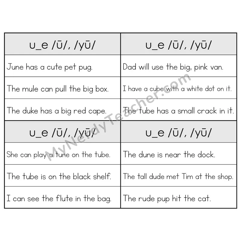 U_E (Long U) VCe Phonics Flip Book — Sentence Cards — B&W