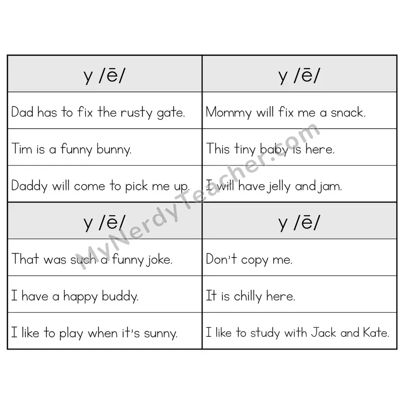 Y as Long E Phonics Flip Book — Sentence Cards — B&W