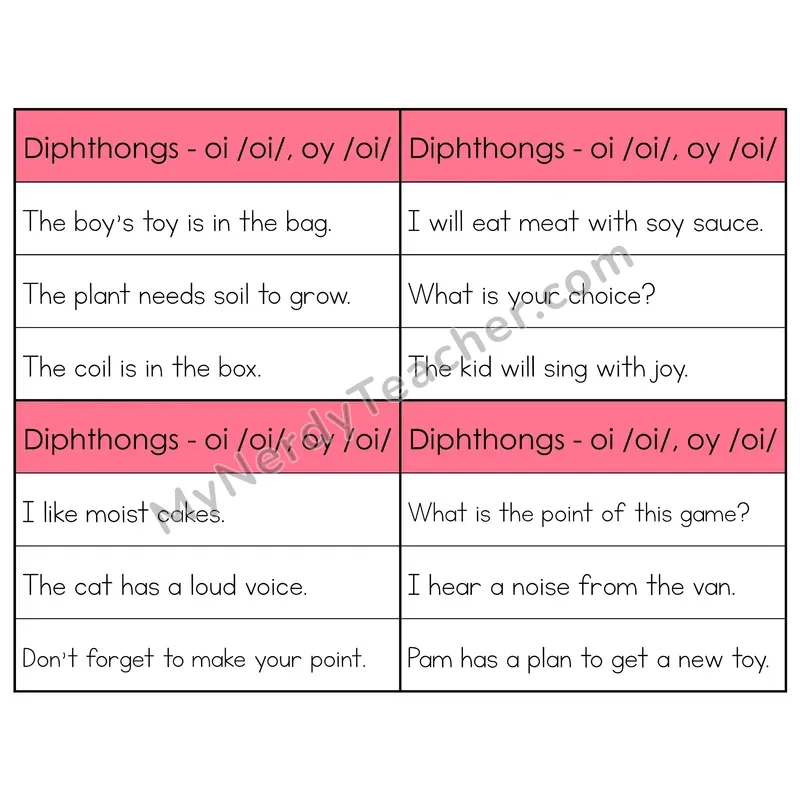 OI/OY Diphthongs Phonics Flip Book — Sentence Cards