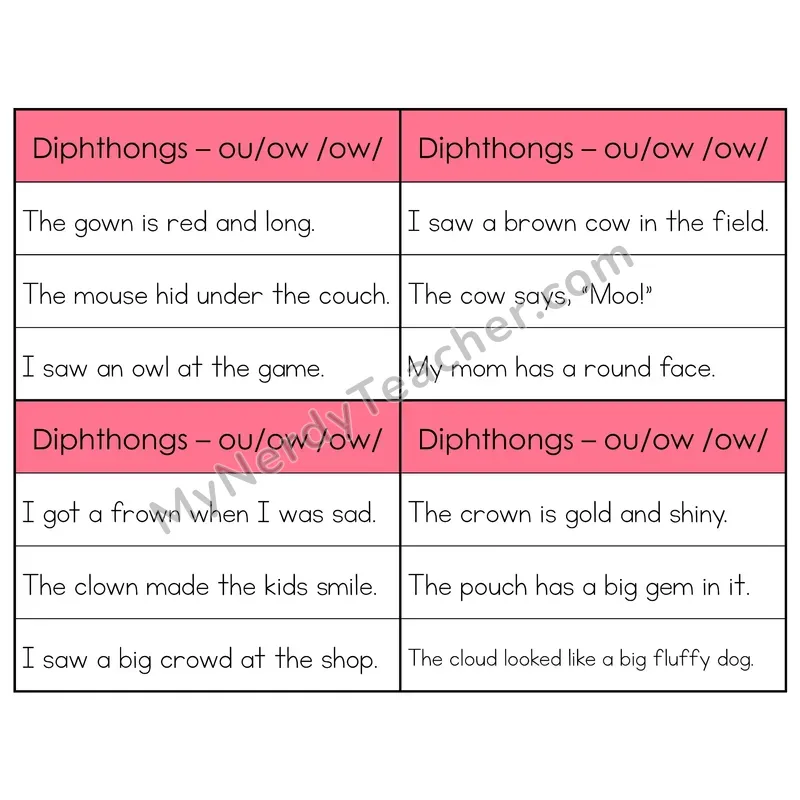 OU/OW Diphthongs Phonics Flip Book — Sentence Cards