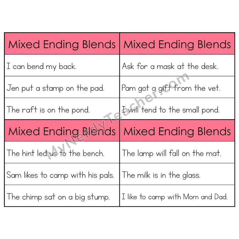 Mixed Ending Blends Review Phonics Flip Book — Sentence Cards