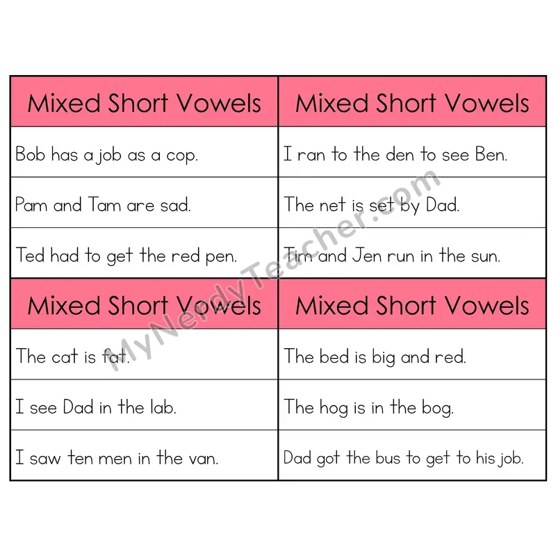 Mixed Short Vowels Review Phonics Flip Book — Sentence Cards