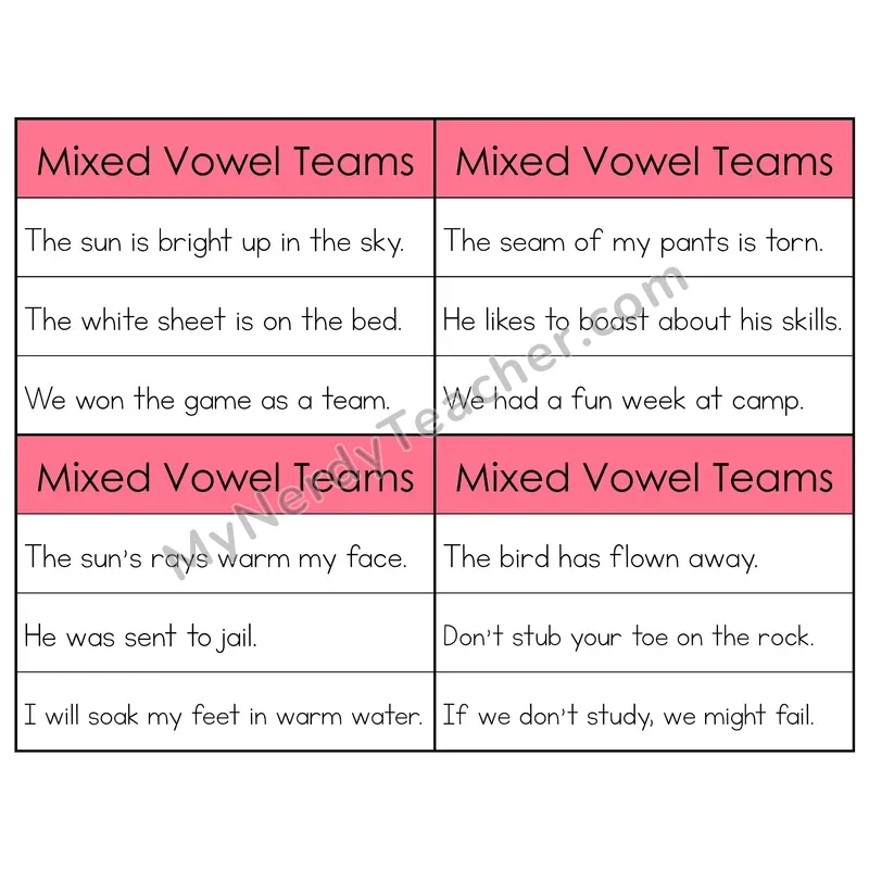 Mixed Vowel Teams Review Phonics Flip Book — Sentence Cards
