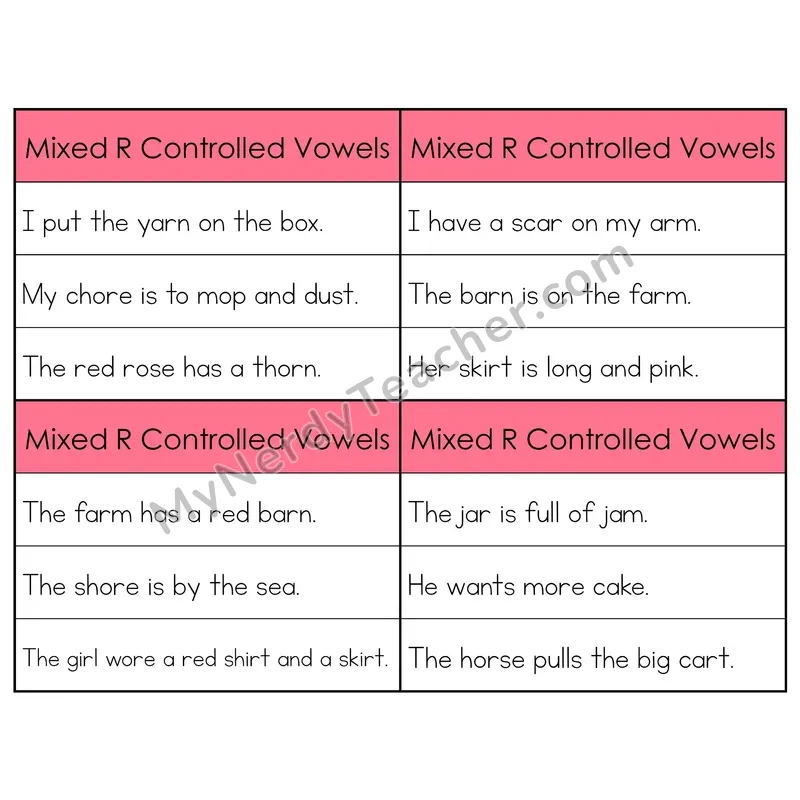 Mixed R-Controlled Vowels Review Phonics Flip Book — Sentence Cards