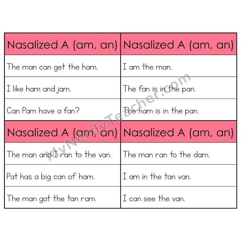 Nasalized A (am, an) Phonics Flip Book — Sentence Cards