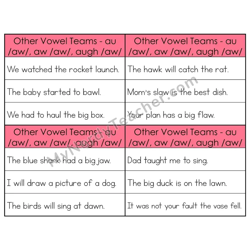 AU/AW/AUGH Vowel Teams Phonics Flip Book — Sentence Cards