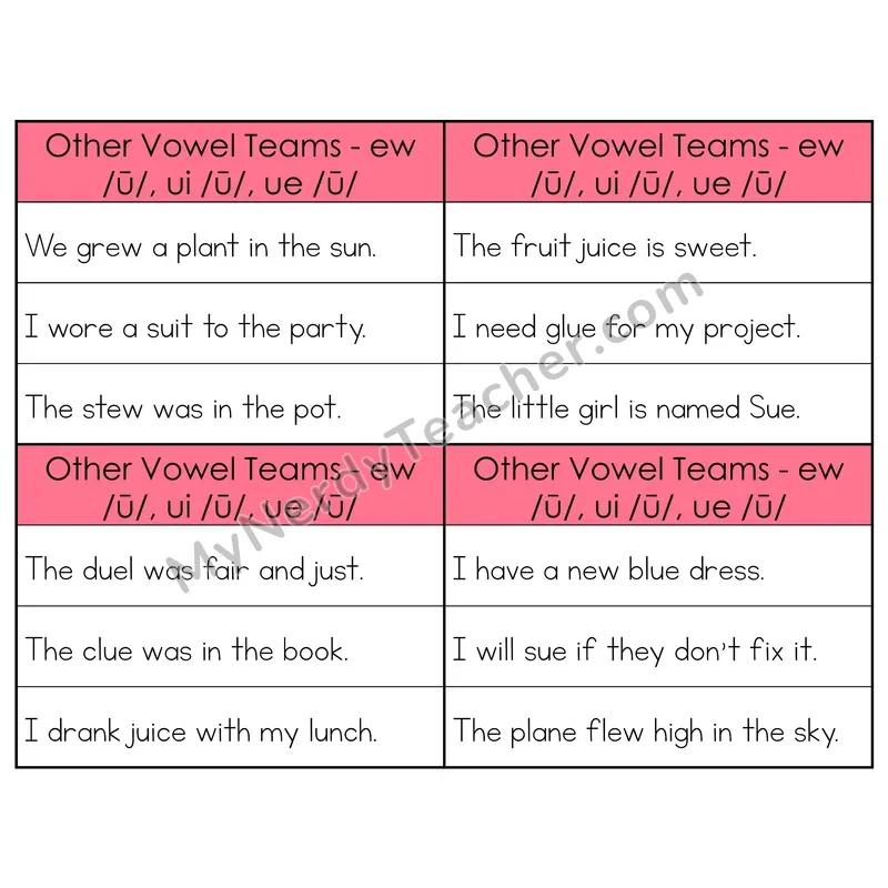 EW/UI/UE Vowel Teams Phonics Flip Book — Sentence Cards