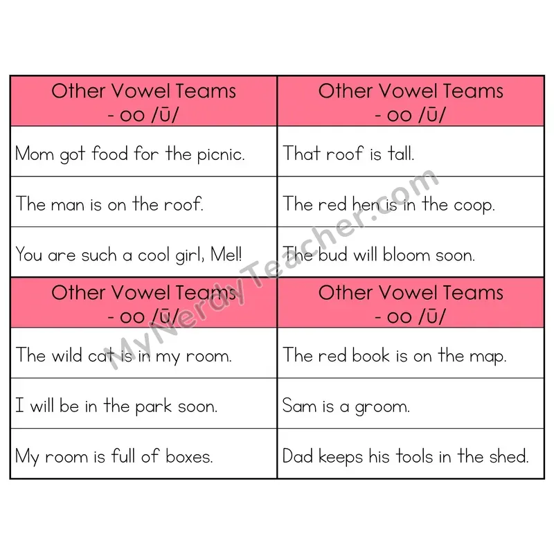 OO (Long) Vowel Teams Phonics Flip Book — Sentence Cards