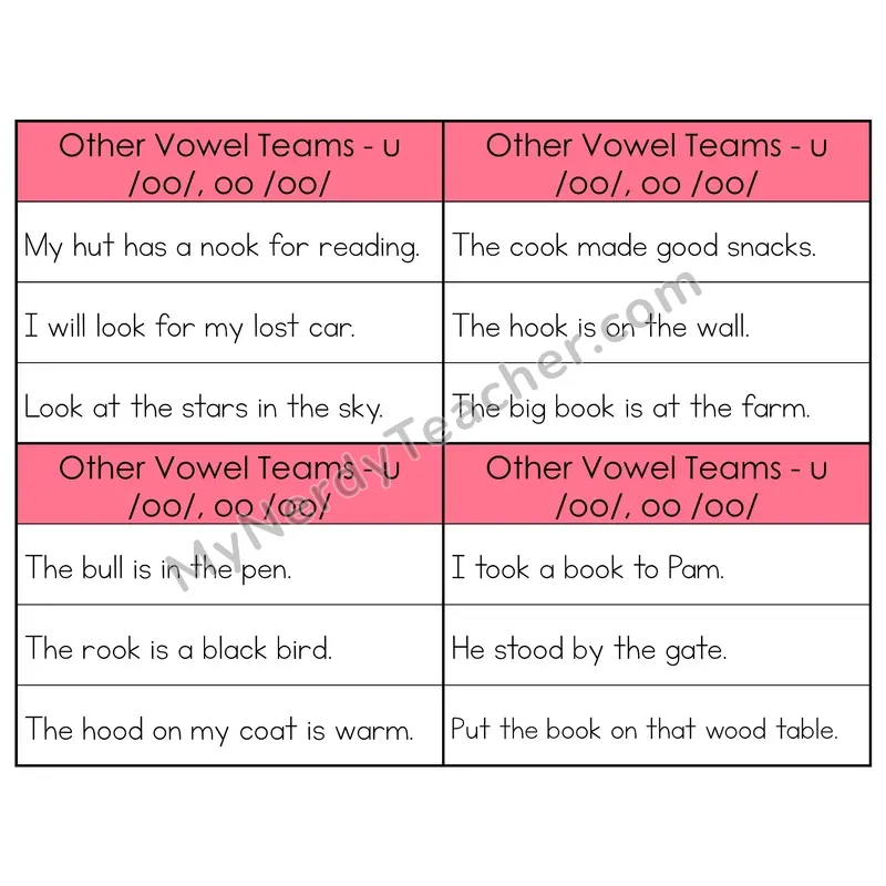 U/OO (Short) Vowel Teams Phonics Flip Book — Sentence Cards