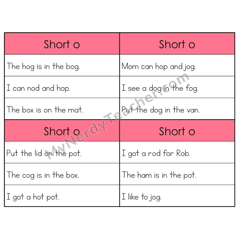 Short O CVC Words Phonics Flip Book — Sentence Cards