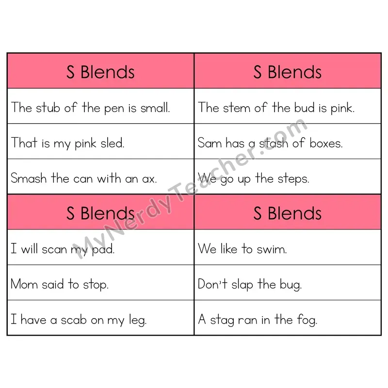 S Blends Phonics Flip Book — Sentence Cards