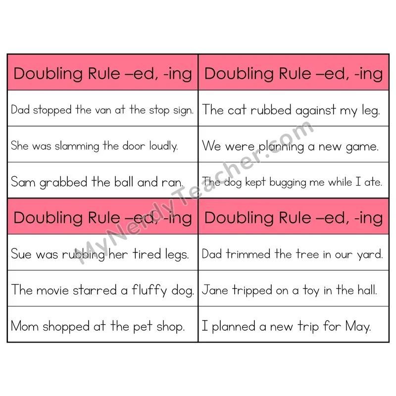 Suffix Spelling Changes: Doubling Rule (-ed, -ing) Phonics Flip Book — Sentence Cards