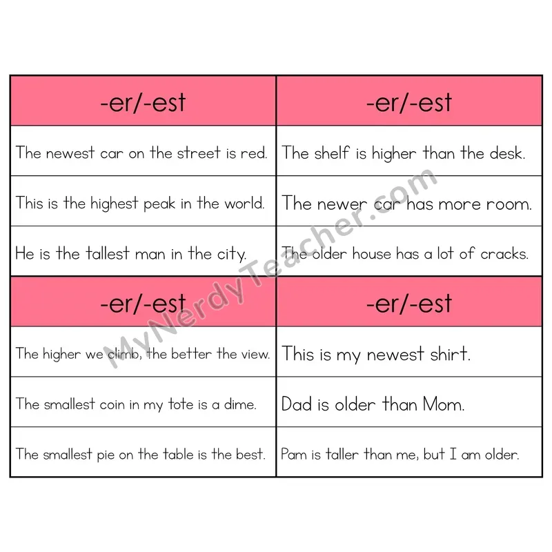 Suffixes -ER/-EST Phonics Flip Book — Sentence Cards