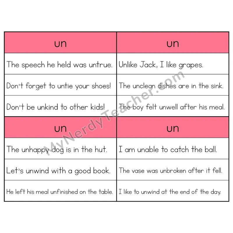 Prefix UN- Phonics Flip Book — Sentence Cards