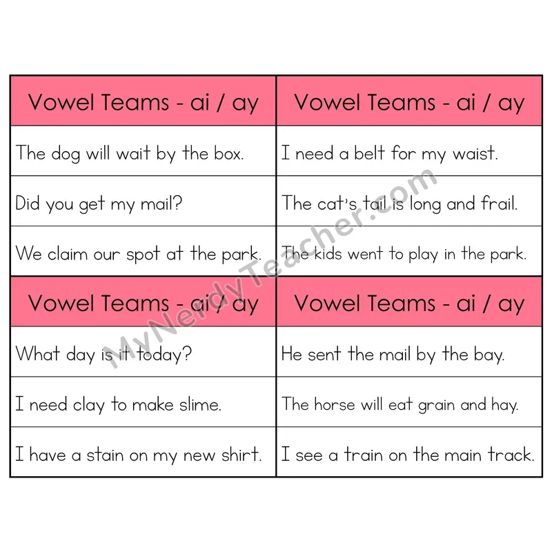 AI/AY Vowel Teams Phonics Flip Book — Sentence Cards