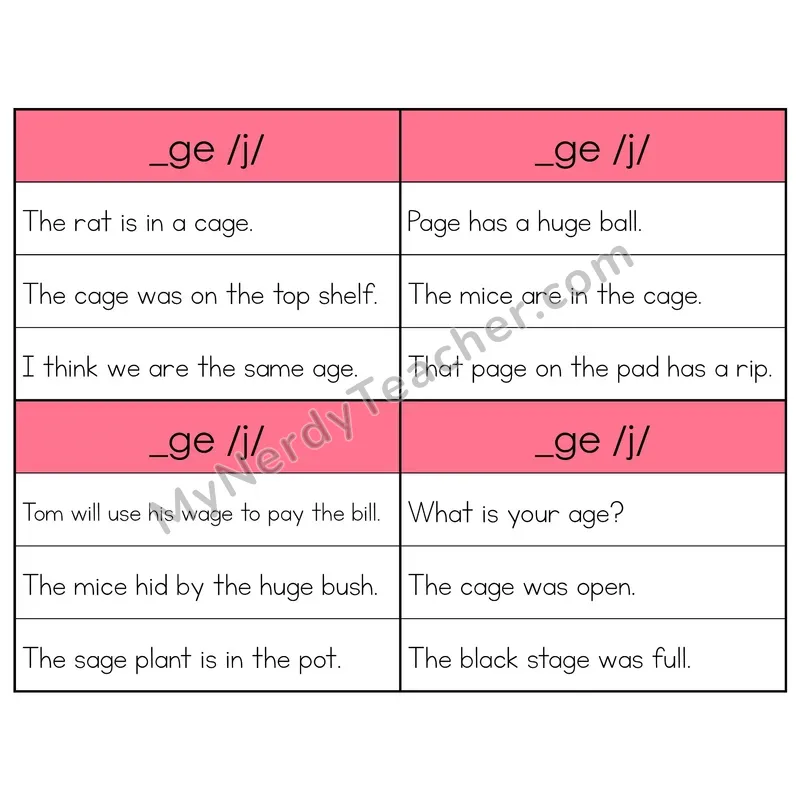 _GE (/j/) Spelling Pattern Phonics Flip Book — Sentence Cards