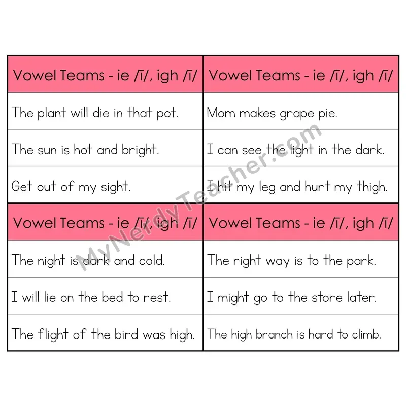 IE/IGH Vowel Teams Phonics Flip Book — Sentence Cards