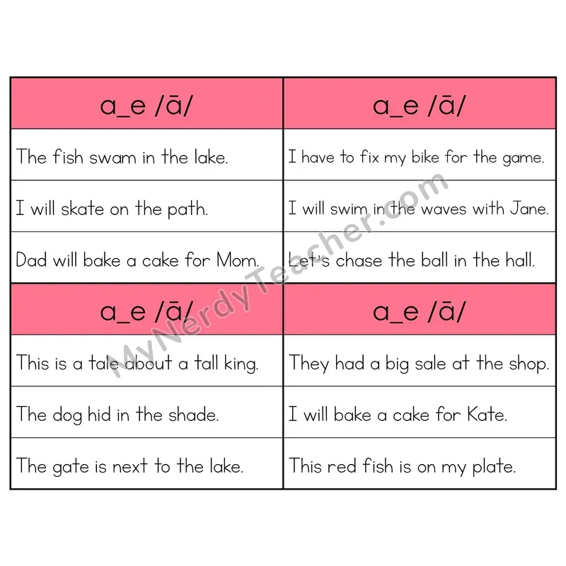 A_E (Long A) VCe Phonics Flip Book — Sentence Cards