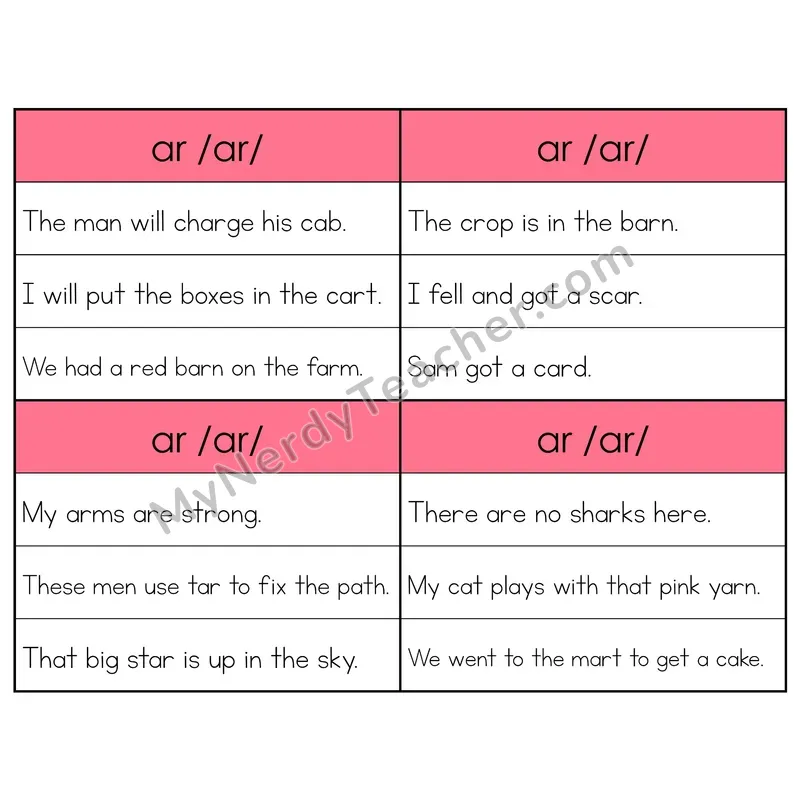 AR R-Controlled Vowel Phonics Flip Book — Sentence Cards
