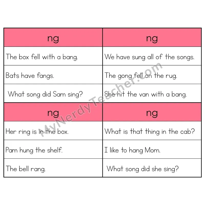 NG Digraph Phonics Flip Book — Sentence Cards