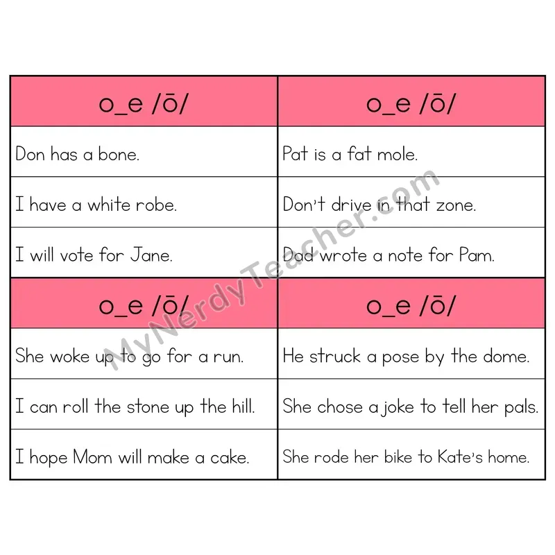 O_E (Long O) VCe Phonics Flip Book — Sentence Cards