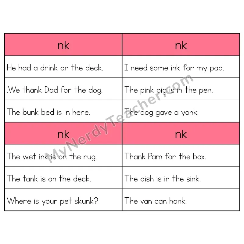 NK Digraph Phonics Flip Book — Sentence Cards