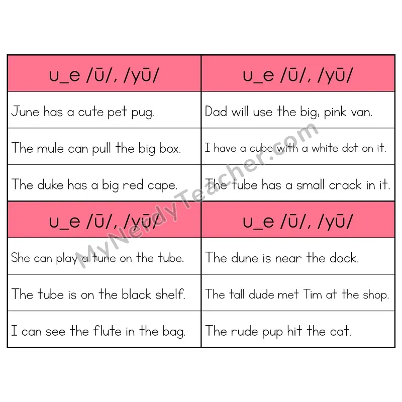U_E (Long U) VCe Phonics Flip Book — Sentence Cards