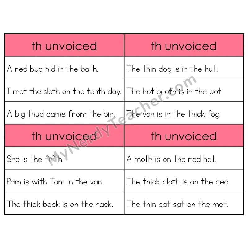 TH (Unvoiced) Digraph Phonics Flip Book — Sentence Cards