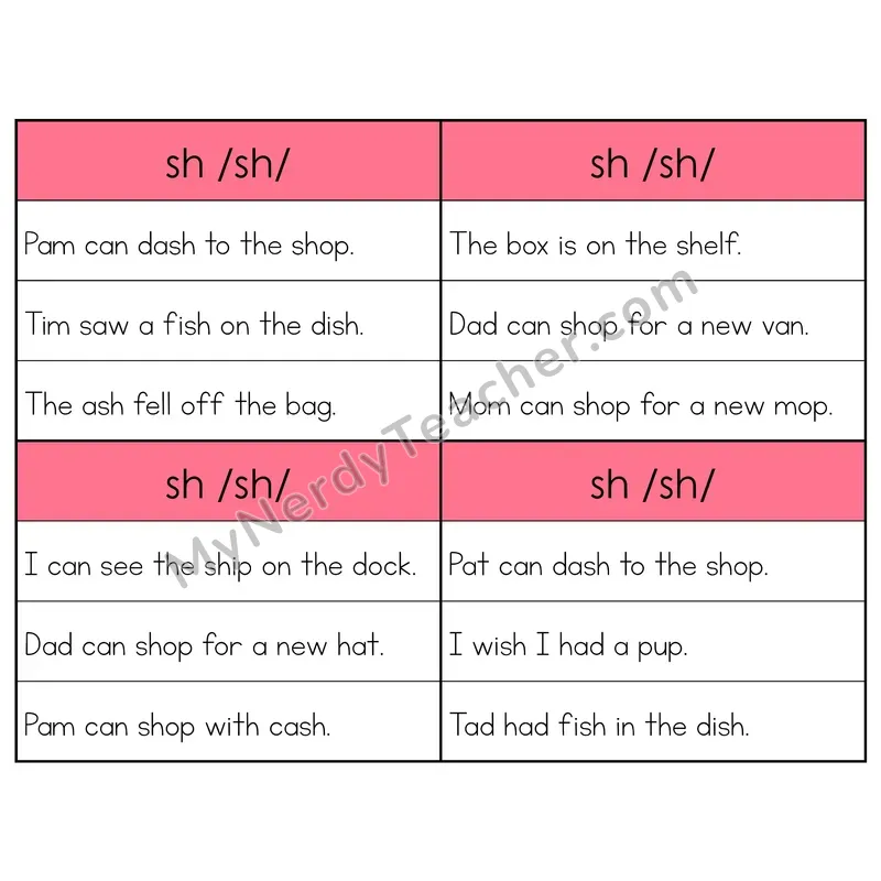 SH Digraph Phonics Flip Book — Sentence Cards