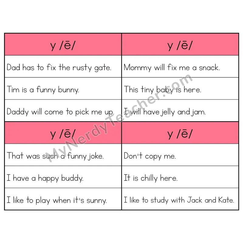 Y as Long E Phonics Flip Book — Sentence Cards