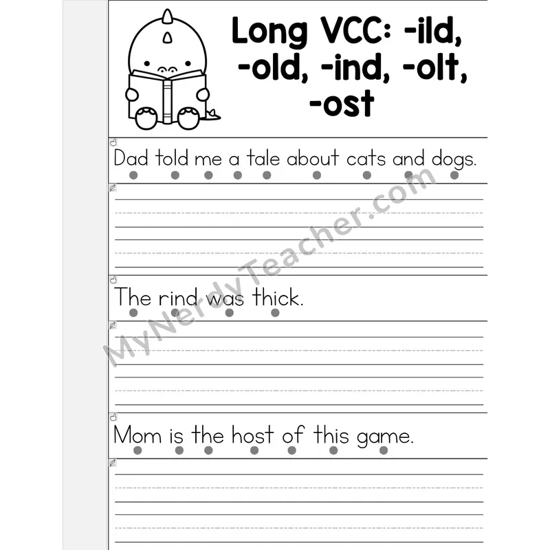 Long VCC (-ild, -old, -ind, -olt, -ost) Phonics Flip Book — Read & Write the Sentence — B&W