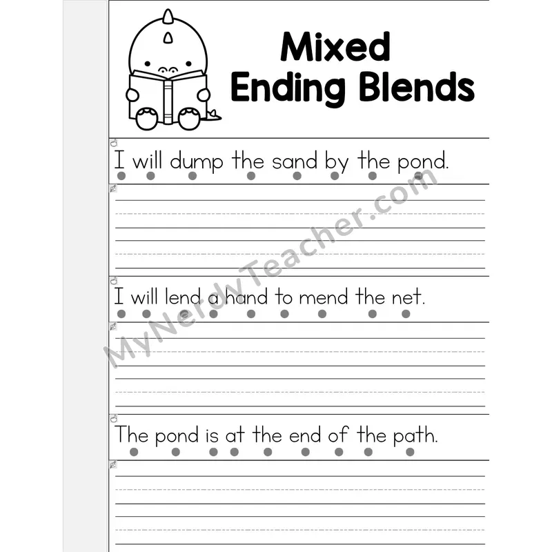 Mixed Ending Blends Review Phonics Flip Book — Read & Write the Sentence — B&W