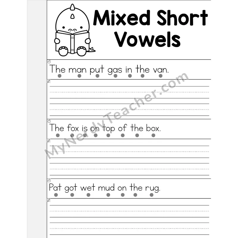 Mixed Short Vowels Review Phonics Flip Book — Read & Write the Sentence — B&W