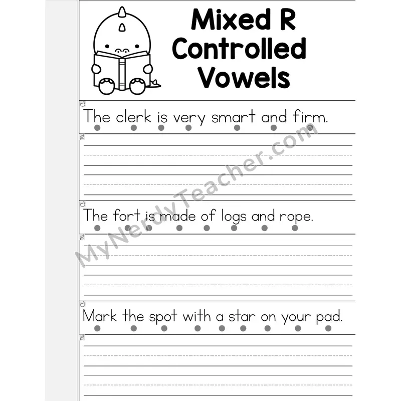 Mixed R-Controlled Vowels Review Phonics Flip Book — Read & Write the Sentence — B&W