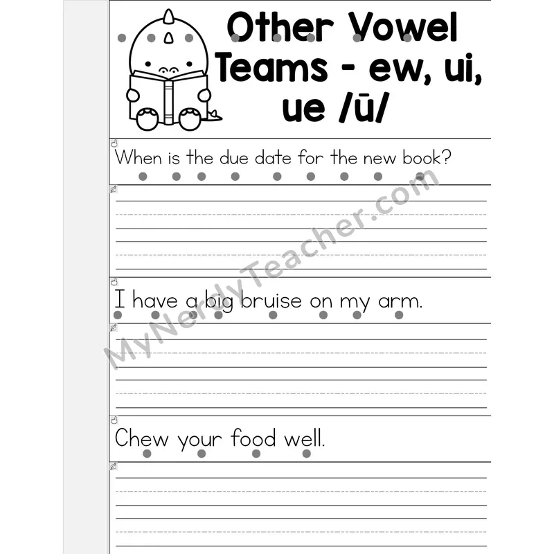 EW/UI/UE Vowel Teams Phonics Flip Book — Read & Write the Sentence — B&W