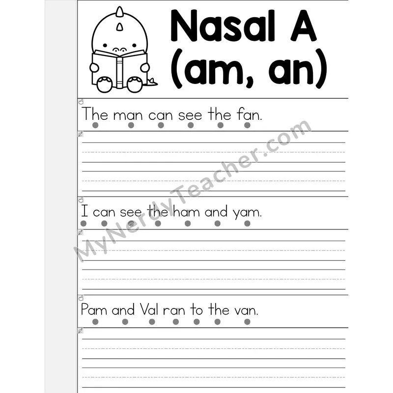 Nasalized A (am, an) Phonics Flip Book — Read & Write the Sentence — B&W
