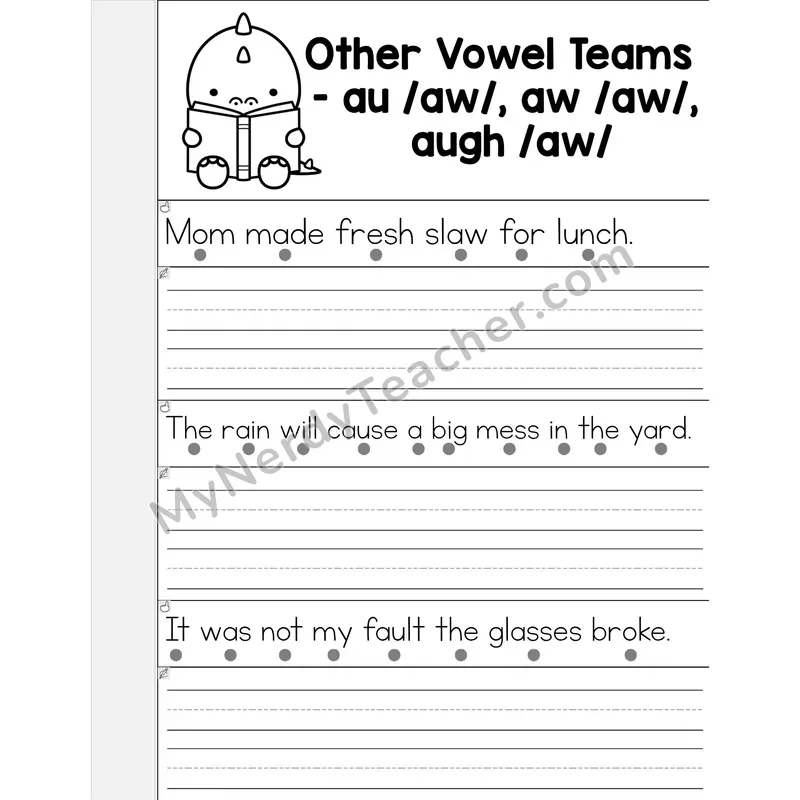 AU/AW/AUGH Vowel Teams Phonics Flip Book — Read & Write the Sentence — B&W