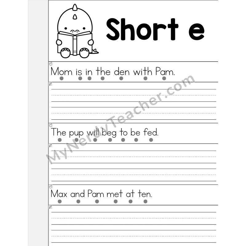 Short E CVC Words Phonics Flip Book — Read & Write the Sentence — B&W