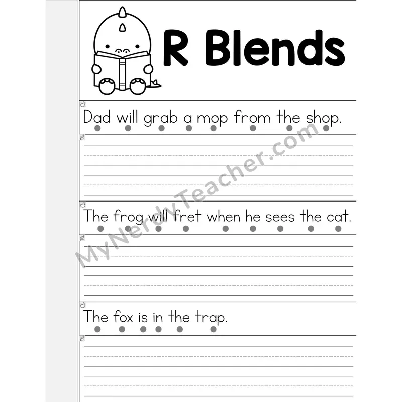 R Blends Phonics Flip Book — Read & Write the Sentence — B&W