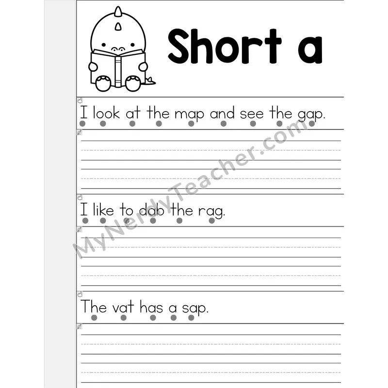 Short A CVC Words Phonics Flip Book — Read & Write the Sentence — B&W