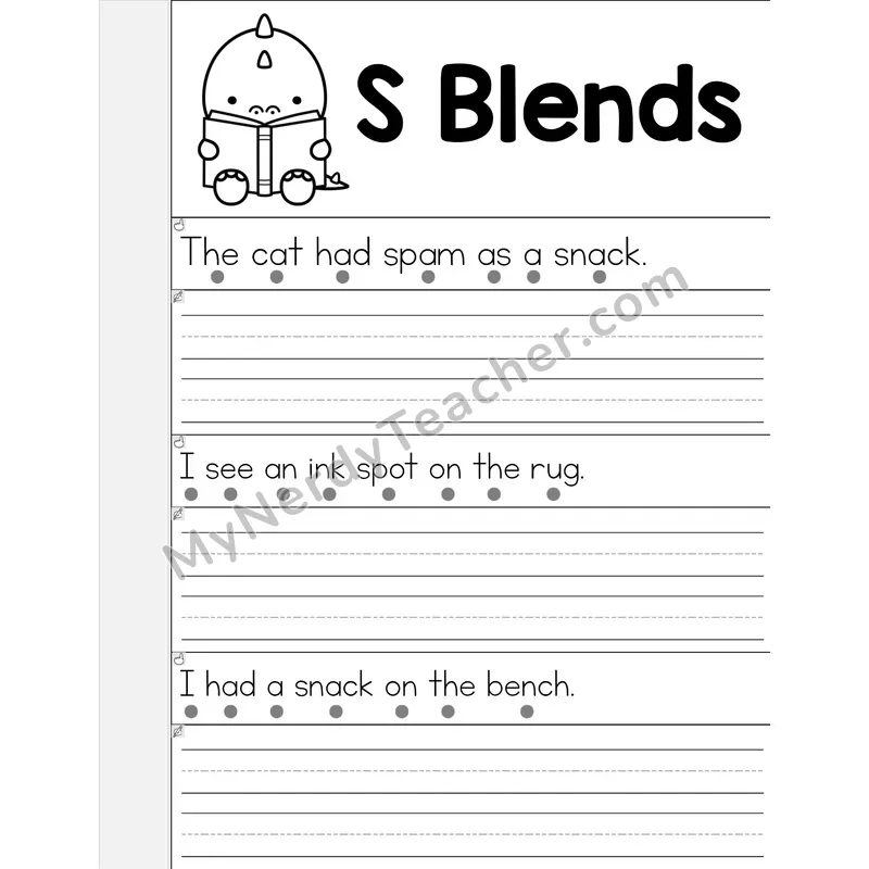 S Blends Phonics Flip Book — Read & Write the Sentence — B&W