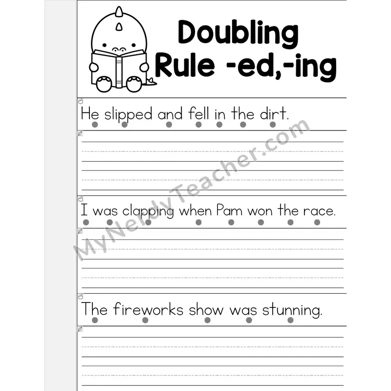 Suffix Spelling Changes: Doubling Rule (-ed, -ing) Phonics Flip Book — Read & Write the Sentence — B&W