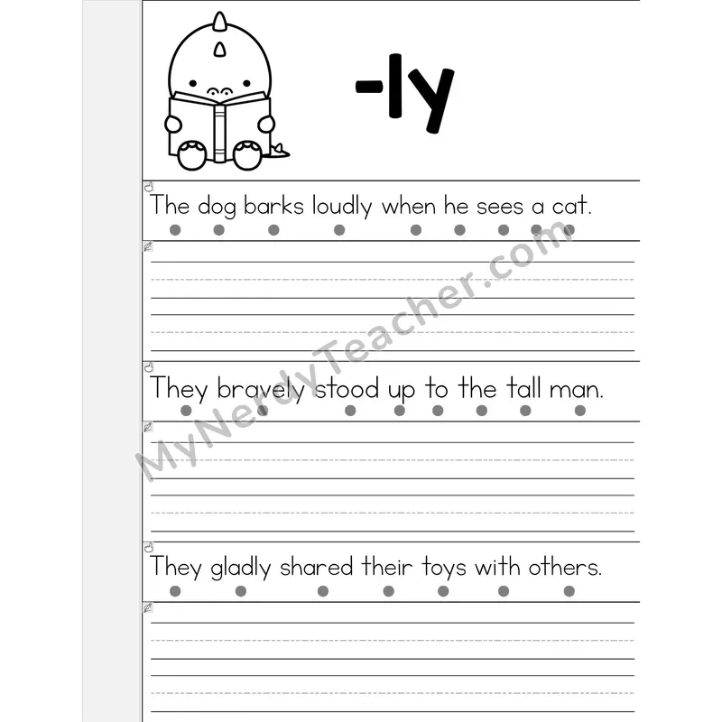 Suffix -LY Phonics Flip Book — Read & Write the Sentence — B&W