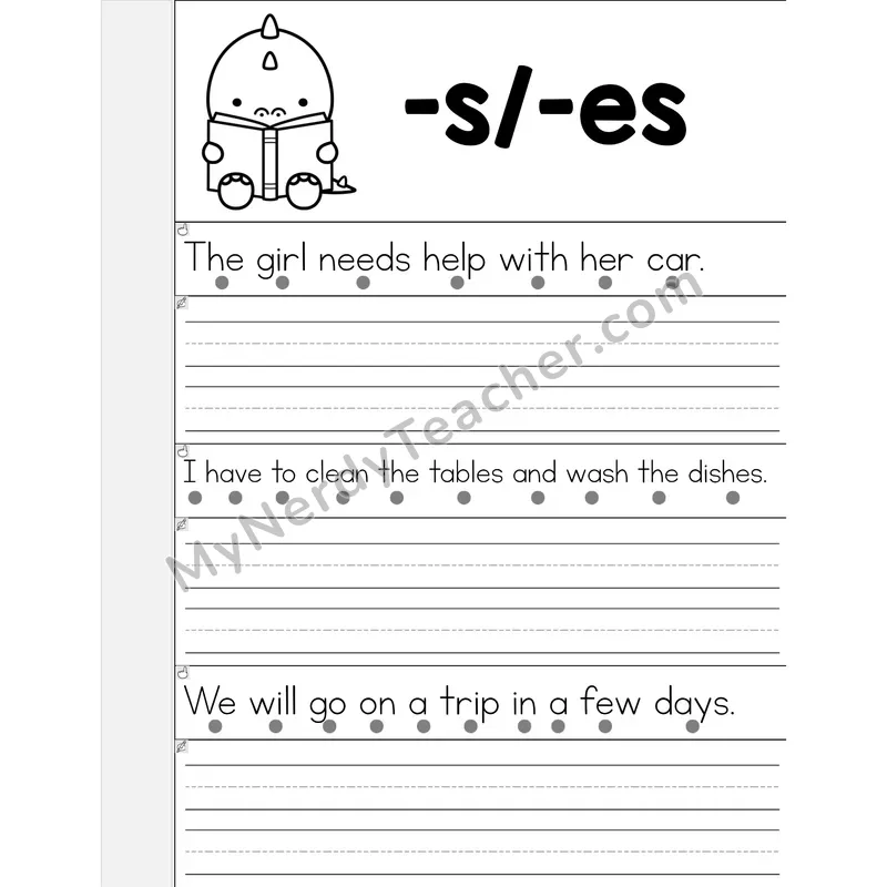 Suffixes -S/-ES Phonics Flip Book — Read & Write the Sentence — B&W